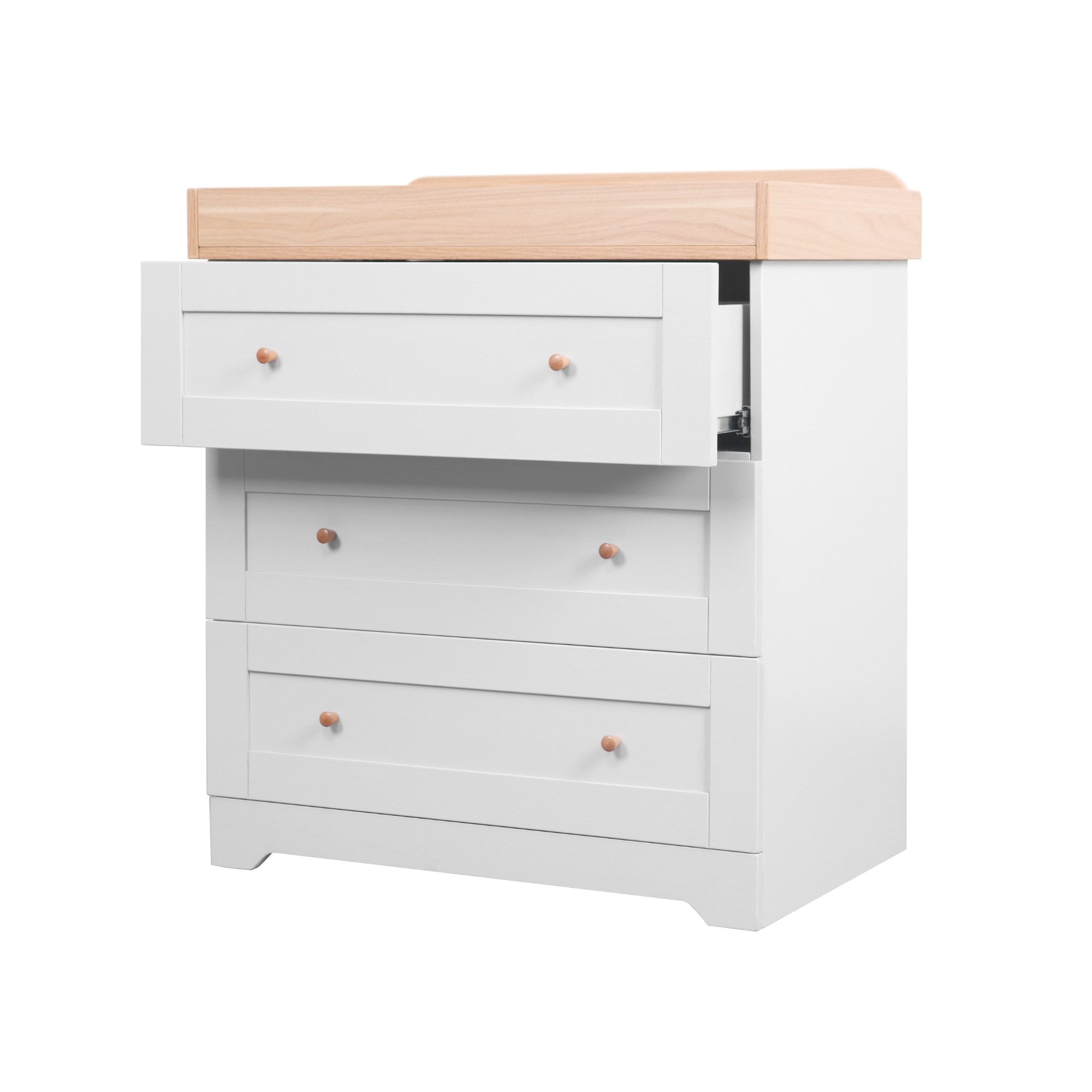 Angled cutout view of the Rio chest changer in dove grey and honey oak, highlighting smooth-glide drawers and generous storage space