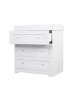 Angled view of the Rio chest changer in White on a white background, showing the top drawer partially open, with three spacious drawers designed for convenient baby storage.