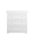Front view of the Rio Chest Changer in white, featuring three spacious drawers and an integrated changing area for convenient nursery storage and baby care.