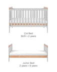 Conversion stages of the Rio Cot Bed in Dove Grey/Oak from cot bed for birth to 2 years and junior bed for 2 to 6 years.