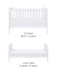 Comparison of the Rio Cot Bed and Junior Bed in white, showing cot bed suitable from birth to 2 years and junior bed for children aged 2 to 6 years.