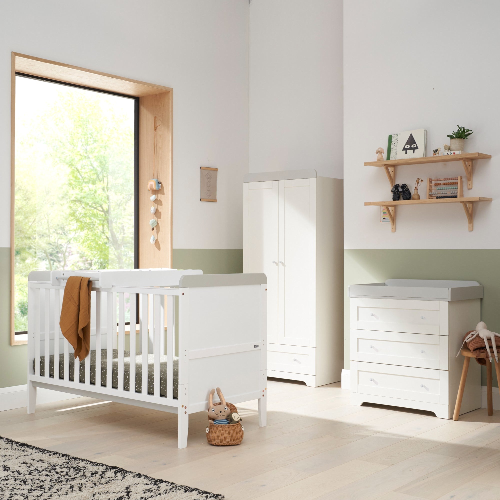 Rio Three Piece Room Set in White and Dove Grey – includes cot bed with adjustable base, chest changer with drawers, and wardrobe with open shelving and hanging space