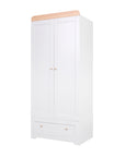 Angled view of the Rio wardrobe in Honey Oak and Dove Grey, featuring soft-close doors, internal hanging space, and a lower drawer for added nursery storage.