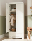 Front open view of Rio Wardrobe in White showing internal hanging rail, shelf, and lower drawer storage for organised clothing arrangement.