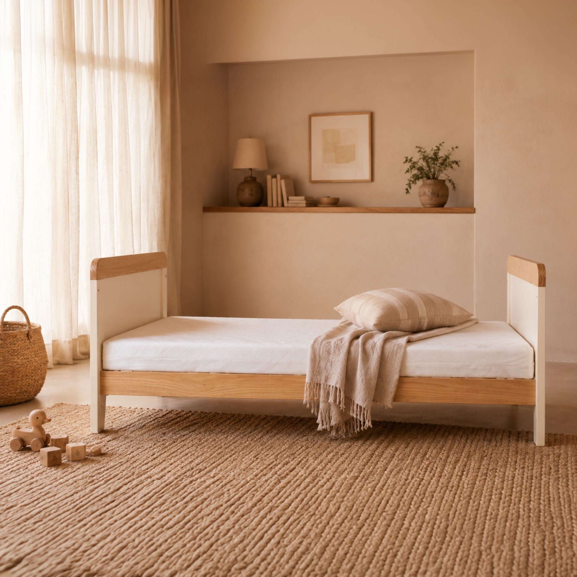 A light natural wood toddler bed frame with cashmere side rails, styled in a warm, minimalist children's bedroom with a woven rug, neutral walls, and soft natural light.