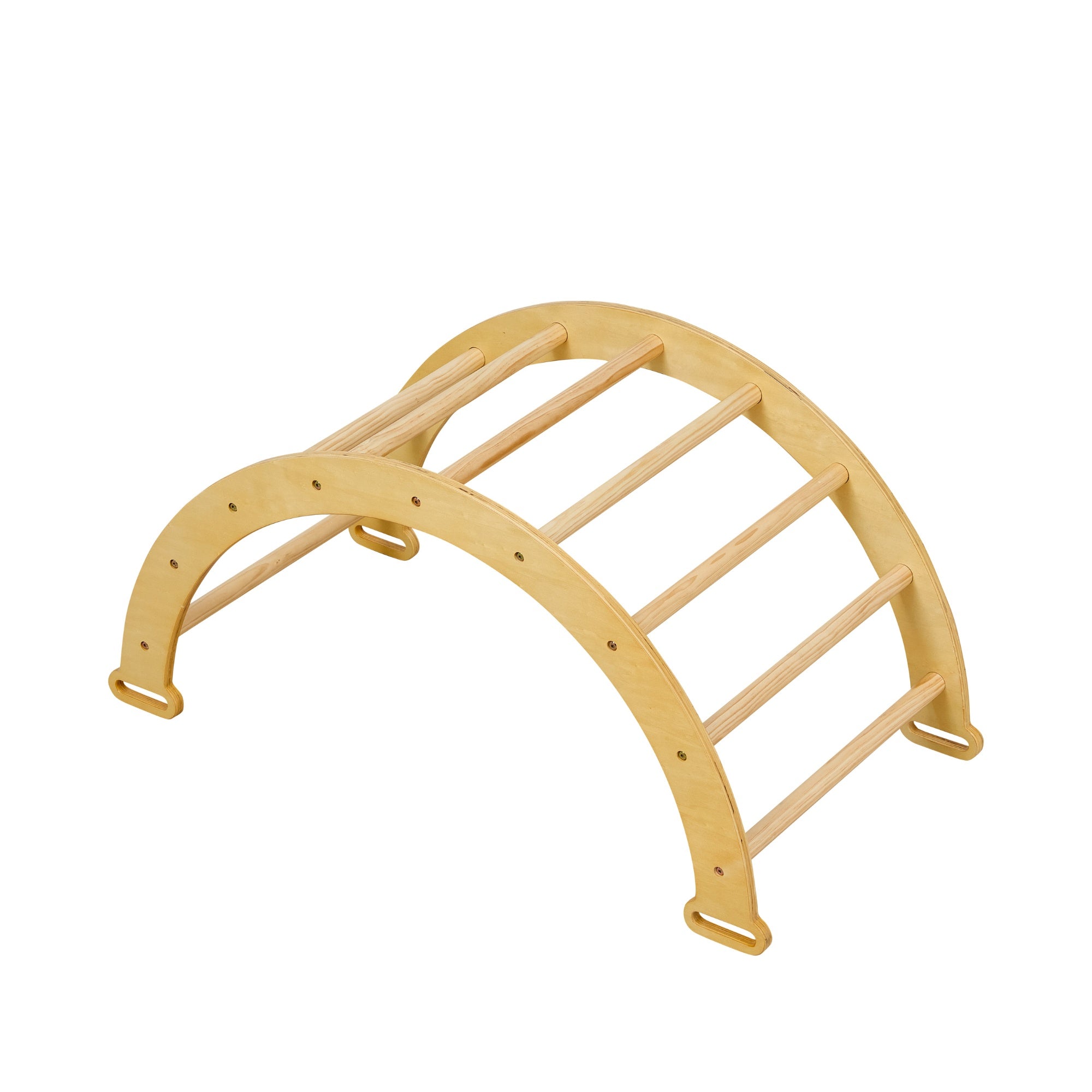 Front view of the Scala Montessori arch in natural wood, designed for climbing, rocking or crawling play to build motor confidence
