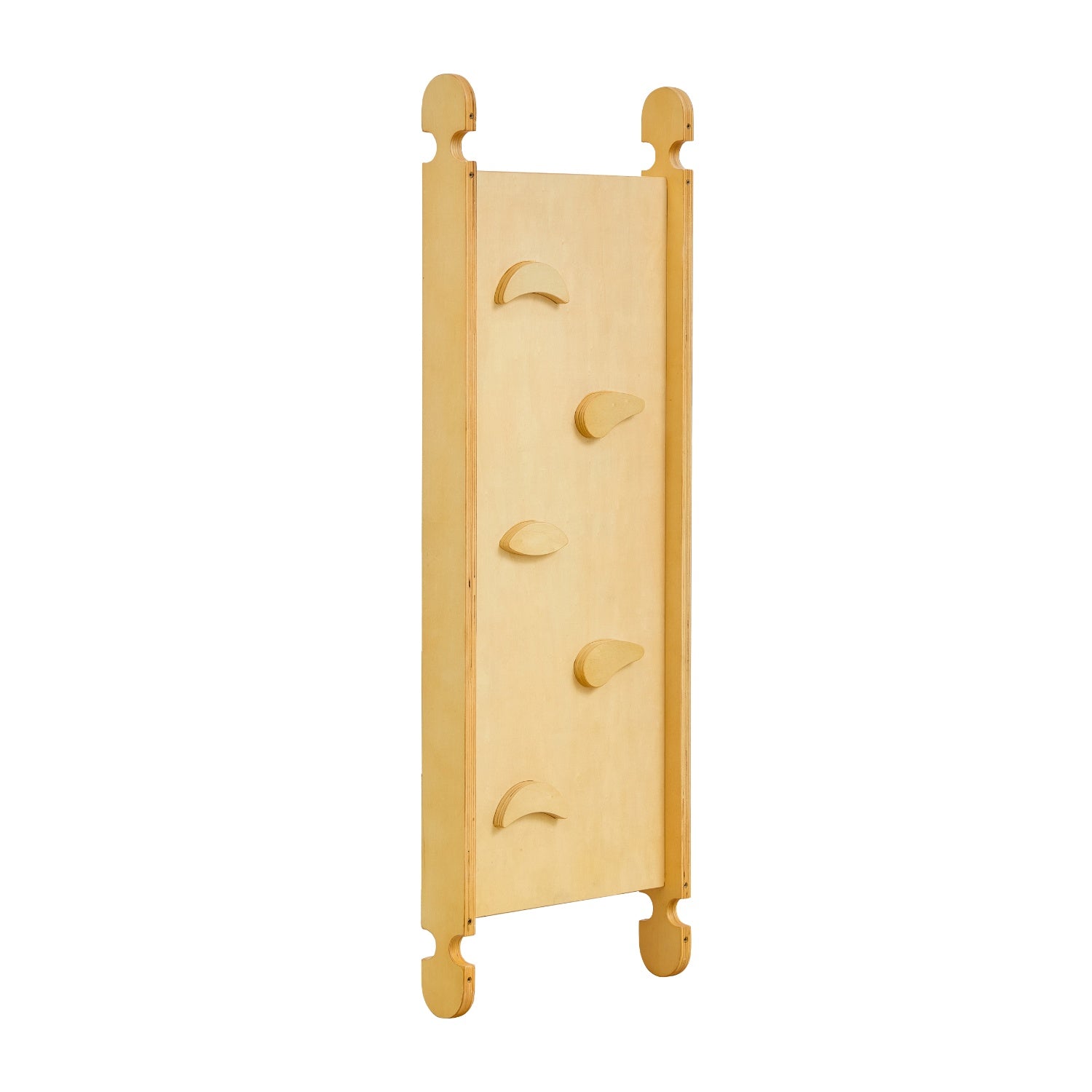 Cutout view of the Scala Montessori natural wood climbing wall with curved holds, ideal for balance, grip strength and coordination