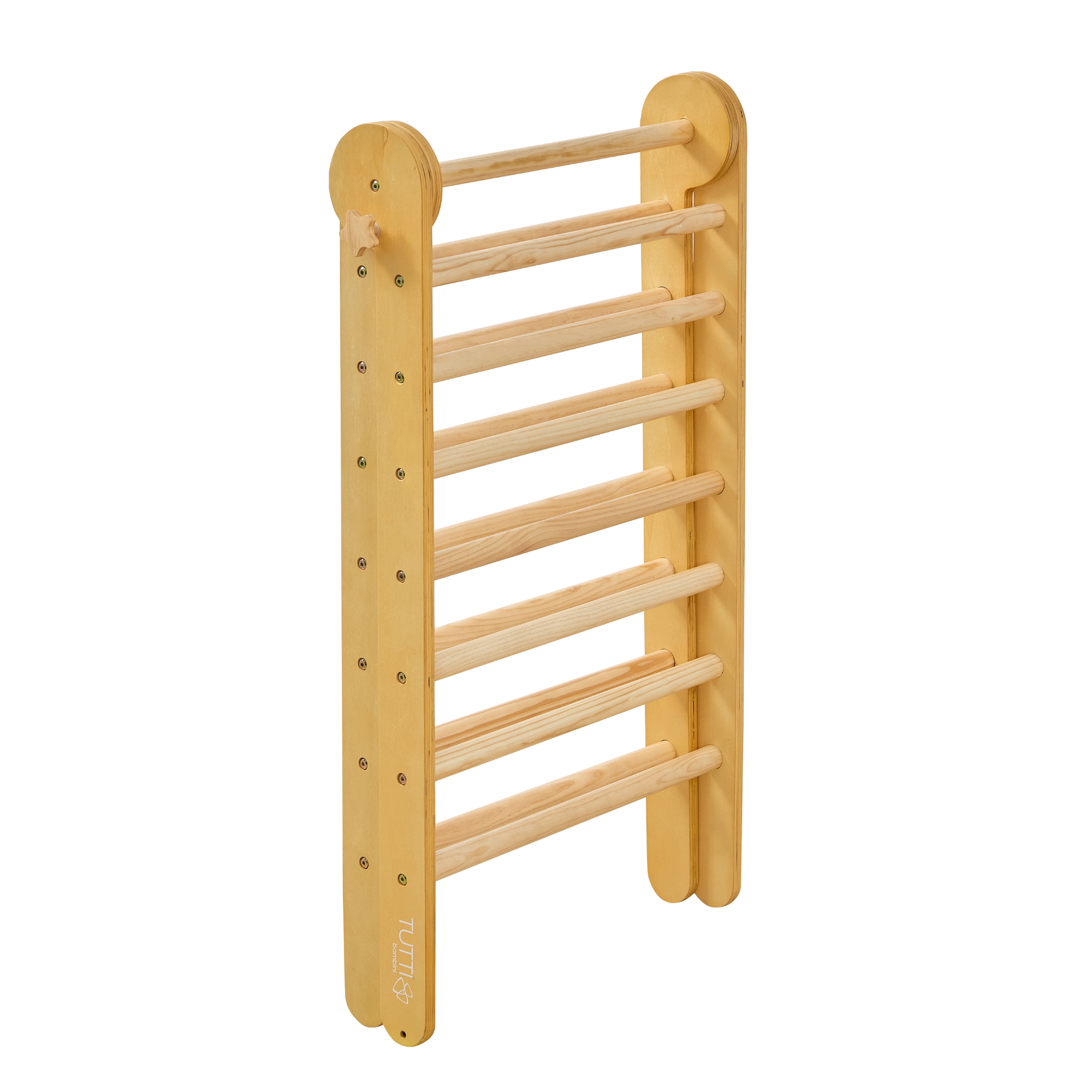 Angled cutout of the Scala Montessori straight ladder in natural wood, offering simple versatility for Pikler-style movement and play