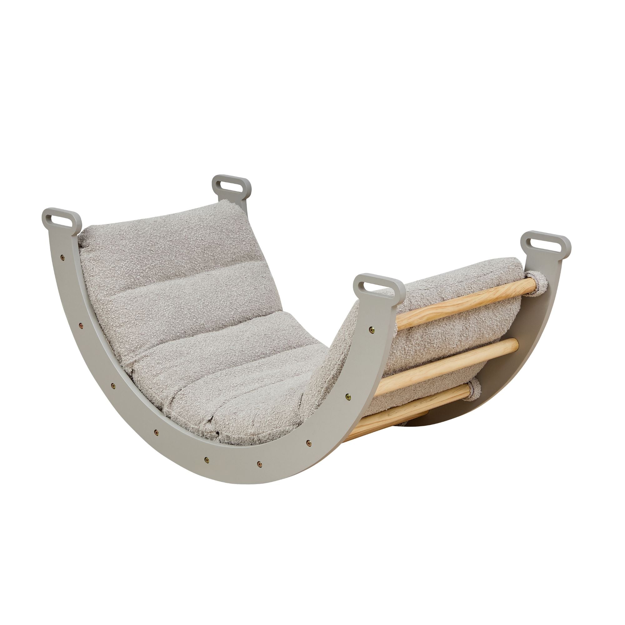 Angled cutout of the scala montessori pikler cushion in boucle mushroom, highlighting cushioned panels and sturdy wooden rungs for comfort and play.