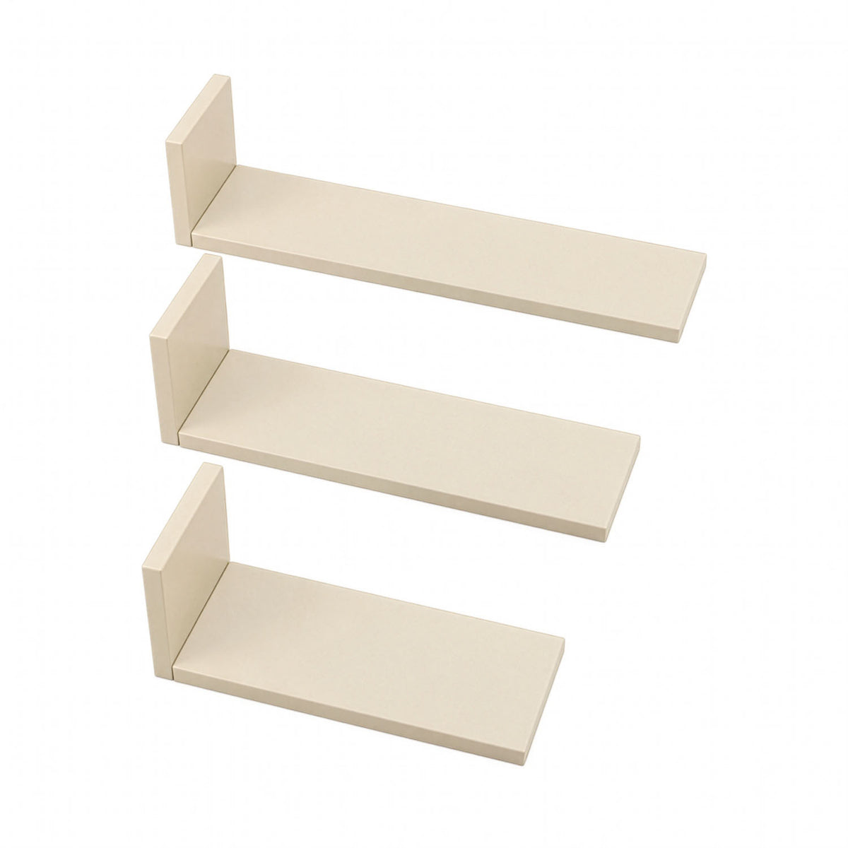 Front-facing view of three L-shaped wall shelves in cashmere on a white background showcasing sleek and sturdy construction.