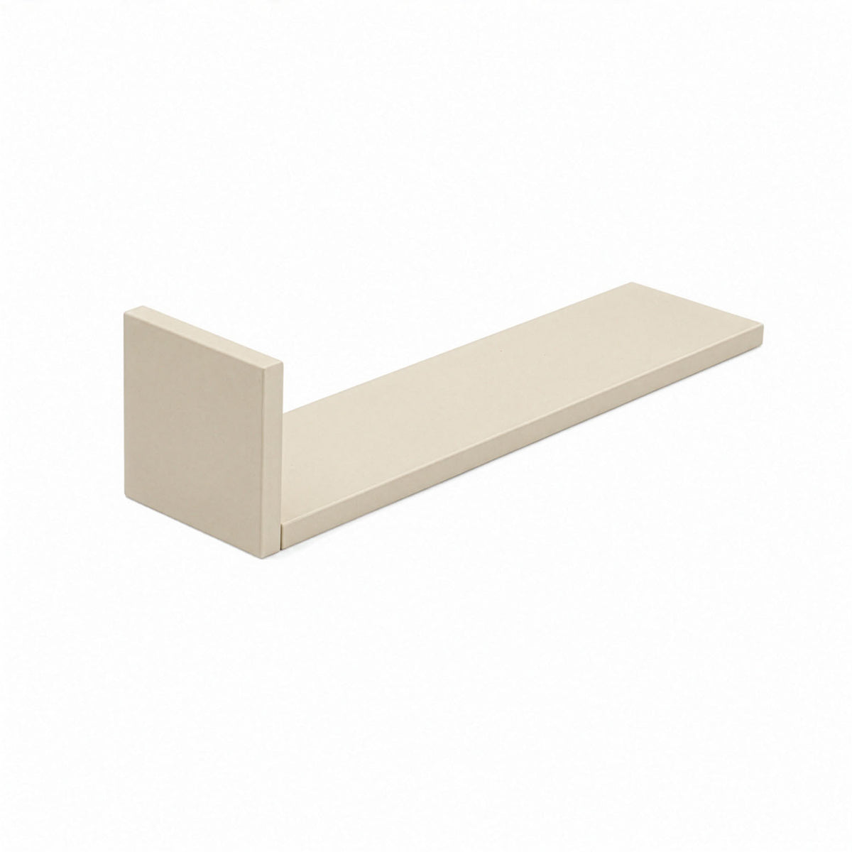 A close-up view of the L-shaped wall shelves in cashmere showing the large sized shelf.