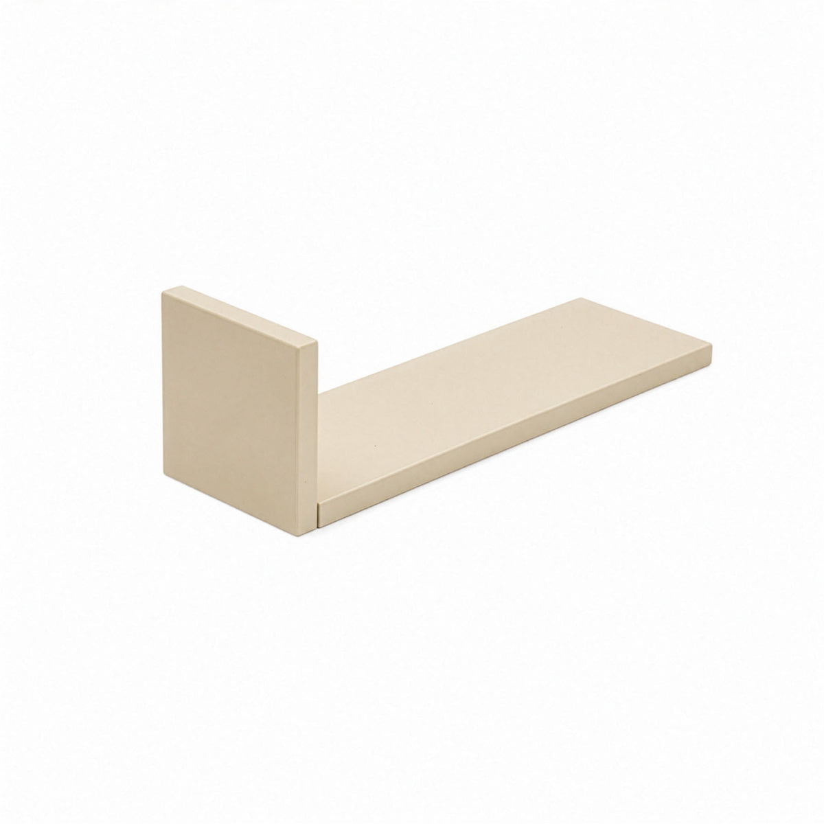 A close-up view of the L-shaped wall shelves in cashmere showing the medium sized shelf.