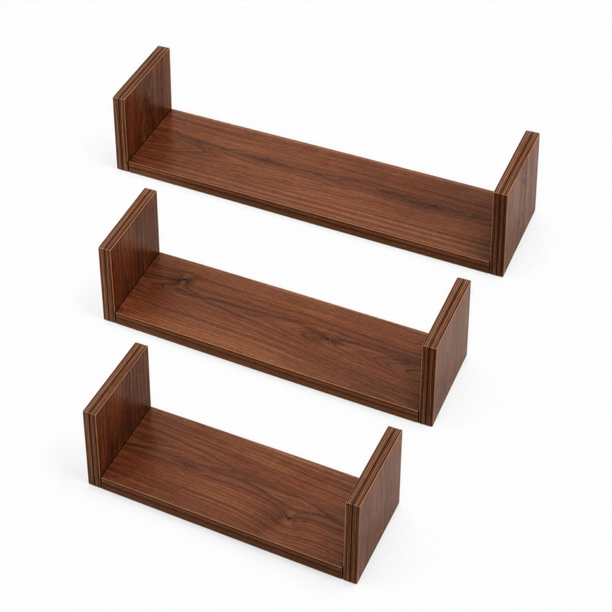 Front-facing view of three U-shaped wall shelves in walnut on a white background showcasing sleek and sturdy construction.