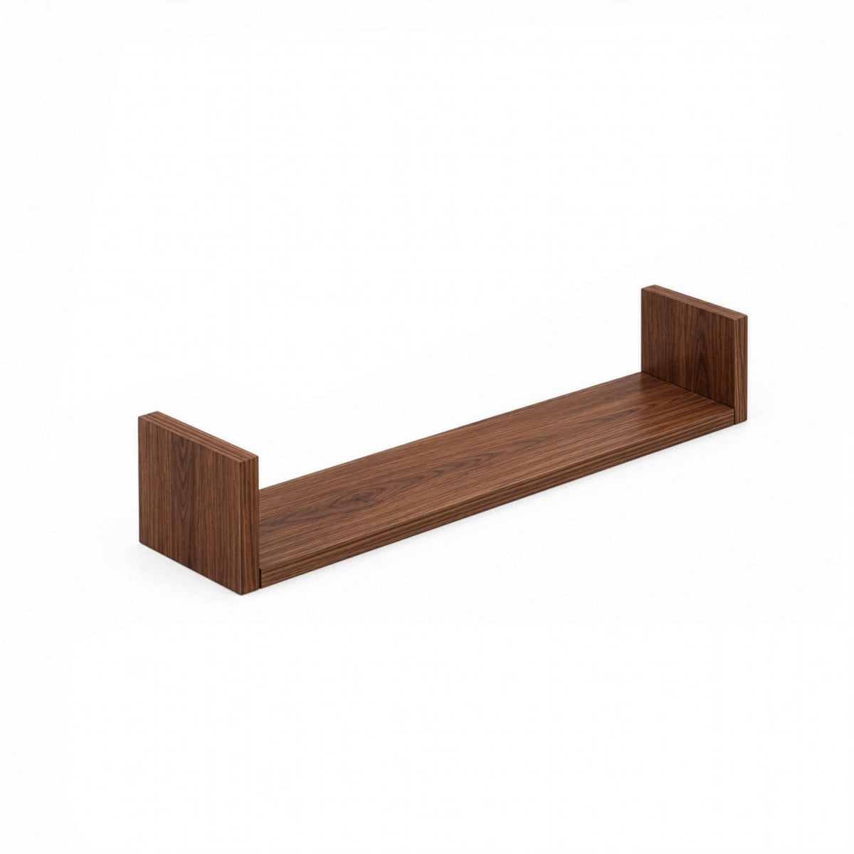 A close-up view of the U-shaped wall shelves in walnut showing the large sized shelf.