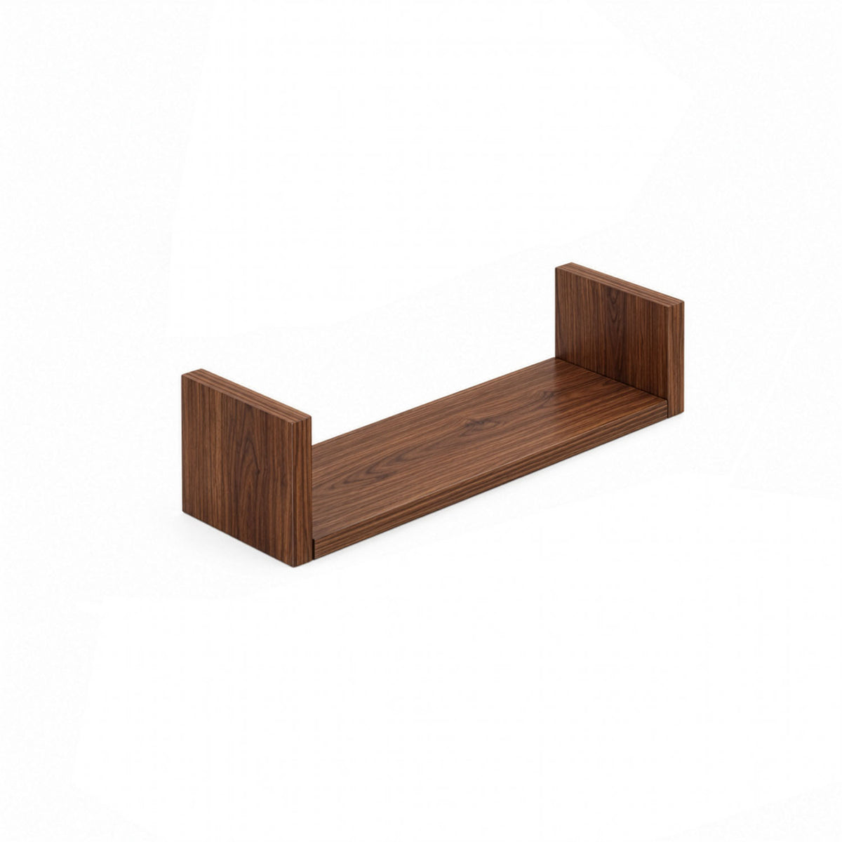 A close-up view of the U-shaped wall shelves in walnut showing the medium sized shelf.