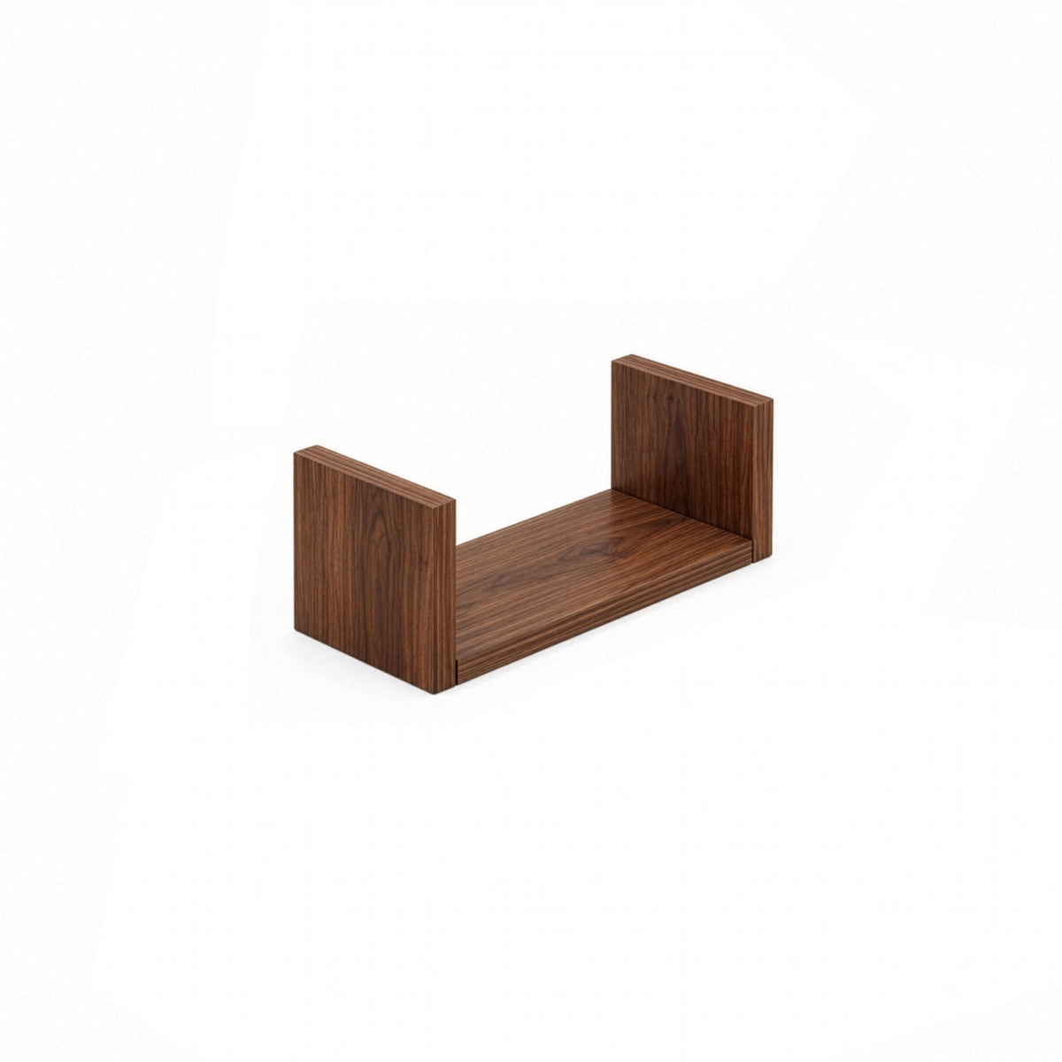 A close-up view of the U-shaped wall shelves in walnut showing the small sized shelf.