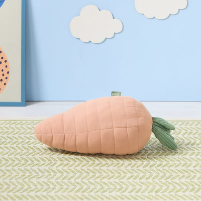 Soft Muslin Carrot Cushion in Good Life styled in a playful nursery setting, adding a soft, tactile touch to the room’s décor