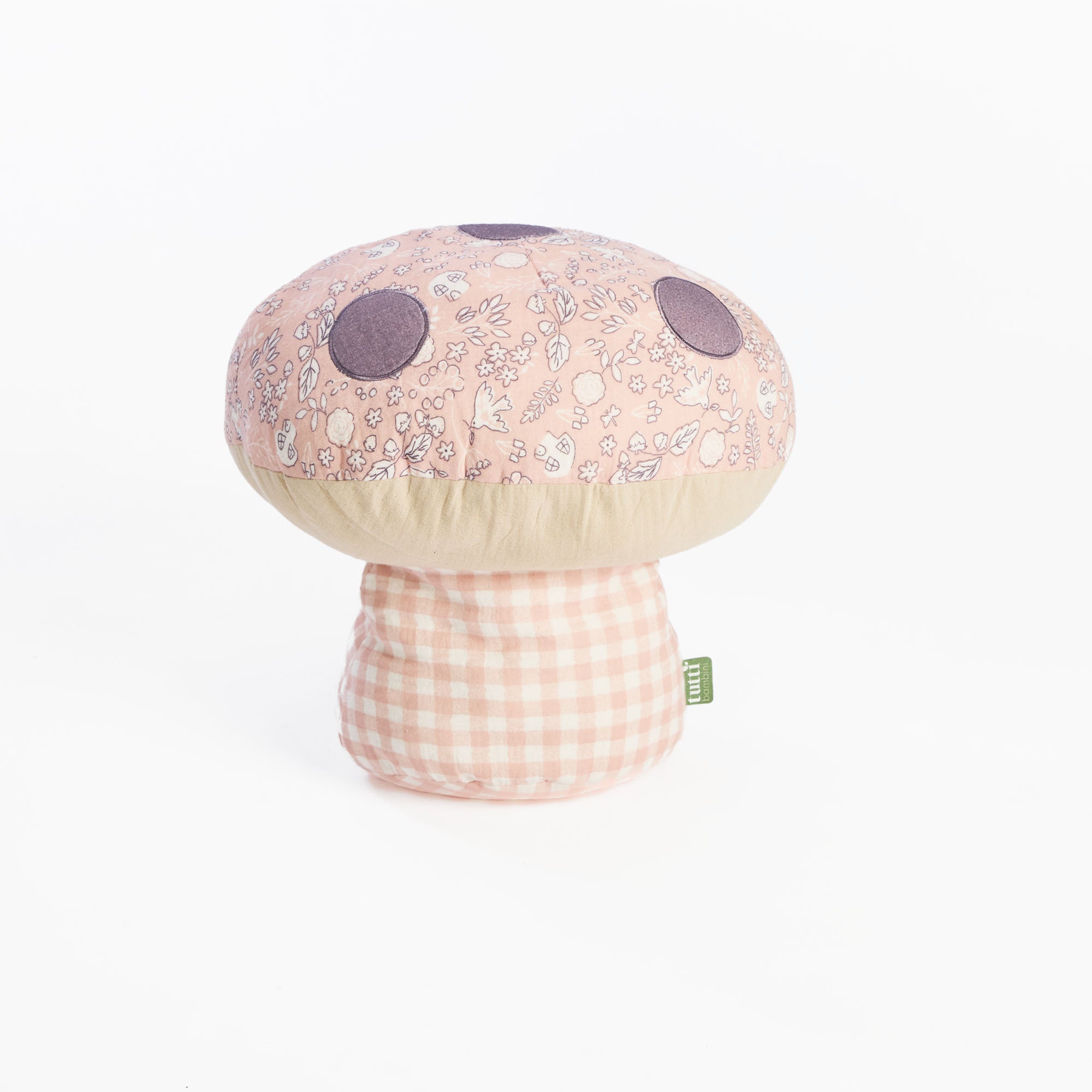 Cutout view of the Soft Muslin Mushroom Cushion showing pink floral print top with stitched spots and gingham muslin stem base
