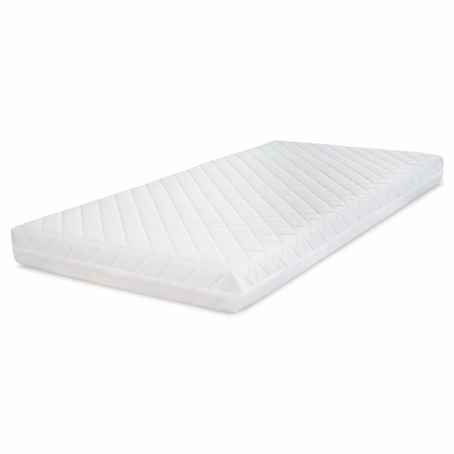 Angled view of sprung nursery mattress with quilted white cover and supportive foam-filled design for comfortable baby sleep.