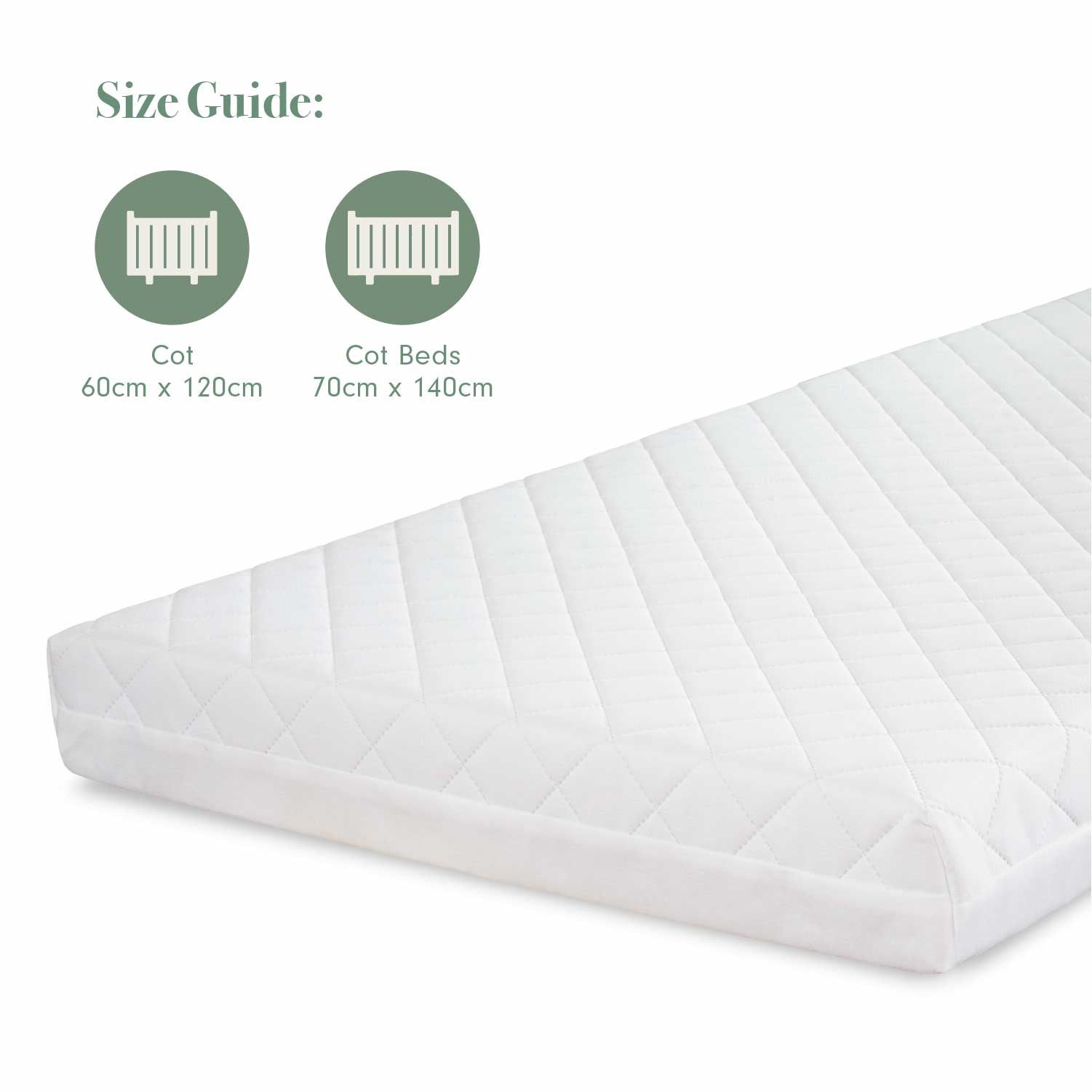 Sprung nursery mattress with size guide showing compatibility for cot beds and cots in 60x120cm and 70x140cm sizes.