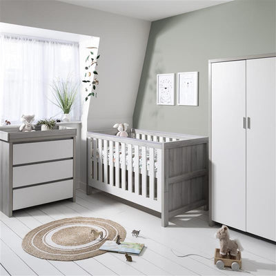 Modena 3pc room set in grey ash and white showing well lit nursery with toys on the floor