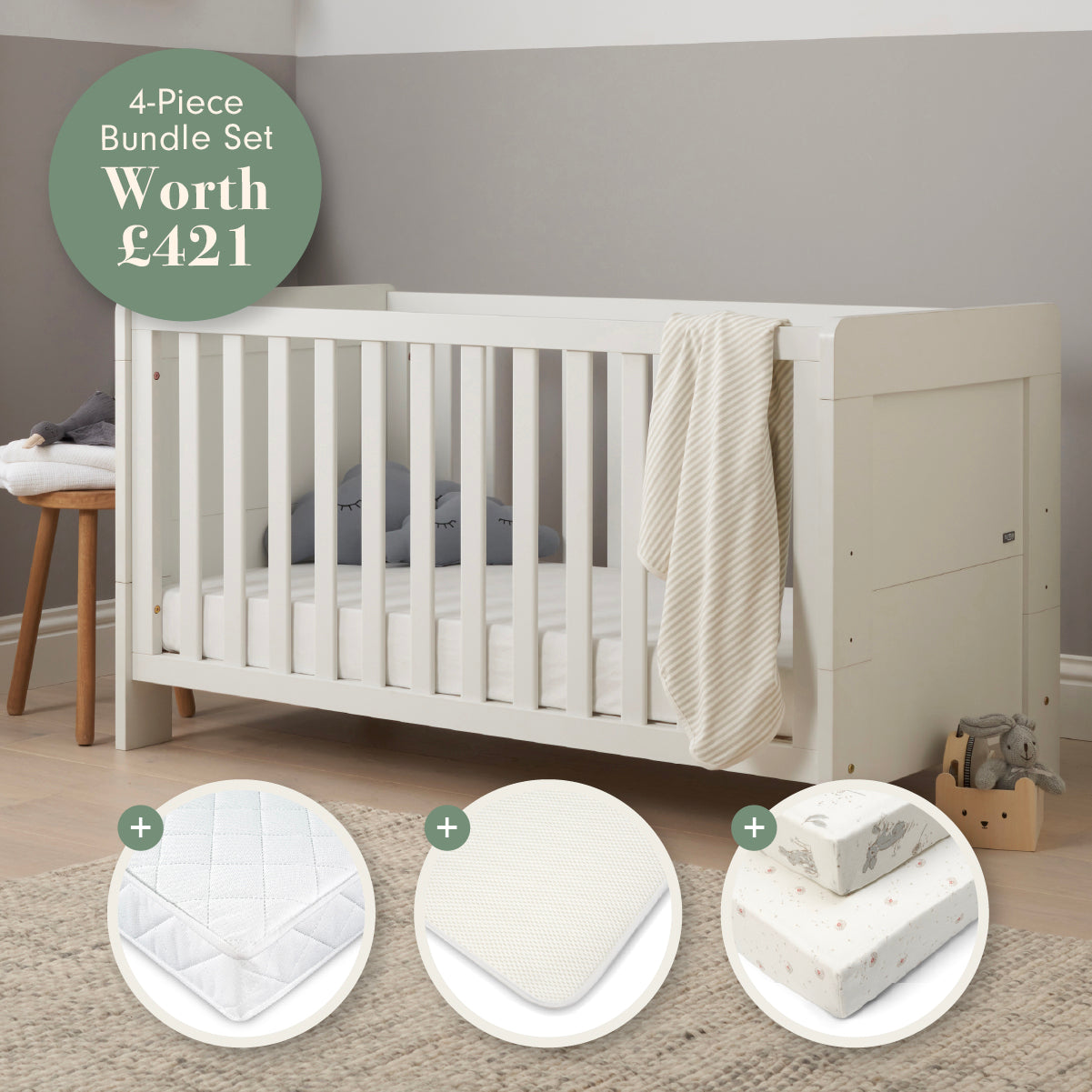 A 4-piece cot bed and bedding bundle set shown with a white wooden cot bed in a nursery setting. The set includes a cot bed, mattress protector, a cot bed protector, and a bedding set.