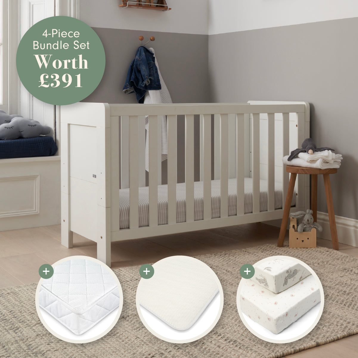 A 4-piece baby cot bed and bedding accessory bundle set shown in a styled nursery. The set includes a mini cot bed, mattress, mattress protector, and a patterned fitted sheet with three circular insets showing the individual pieces.