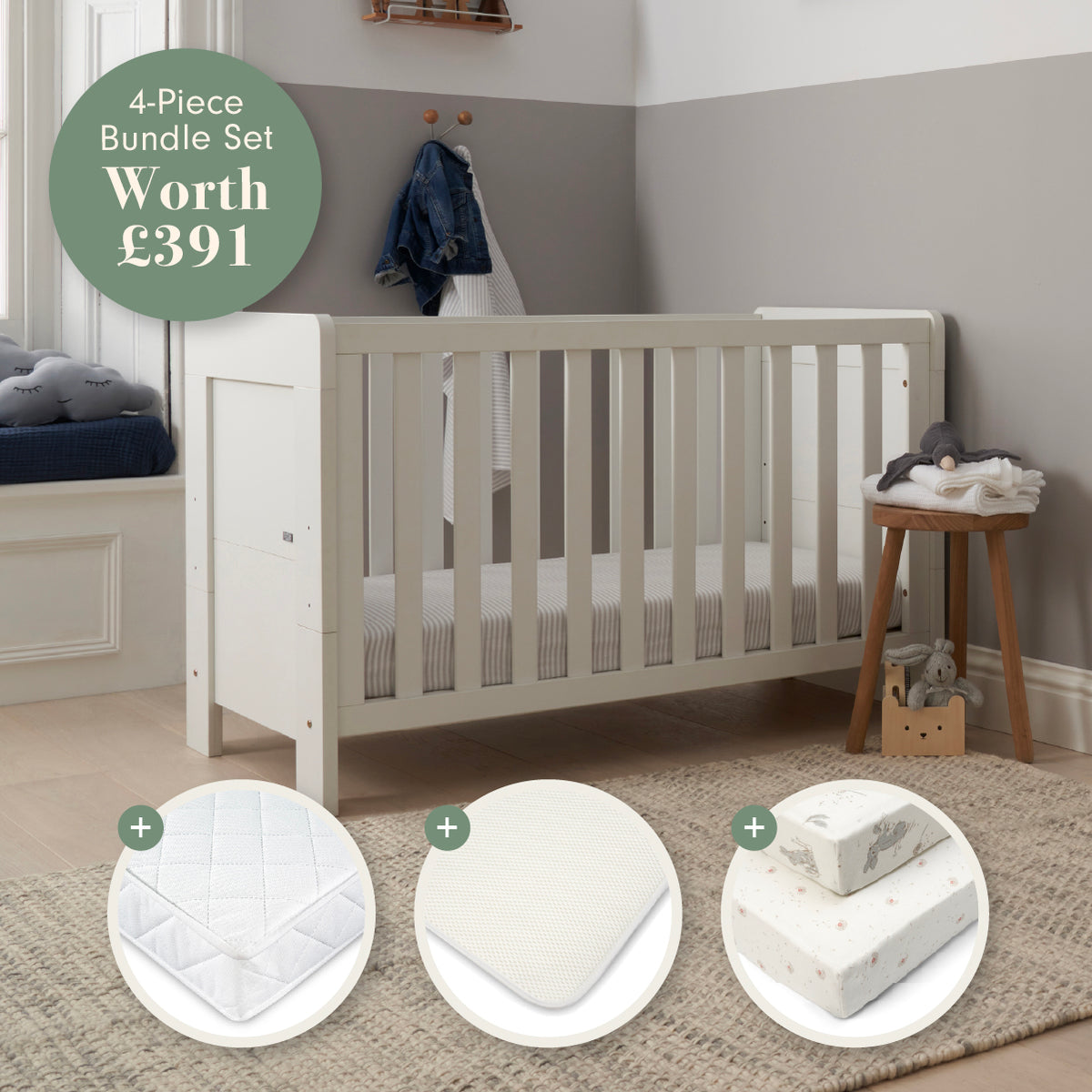 Supreme Alba Mini Cot Bed Mattress & Bedding Bundle