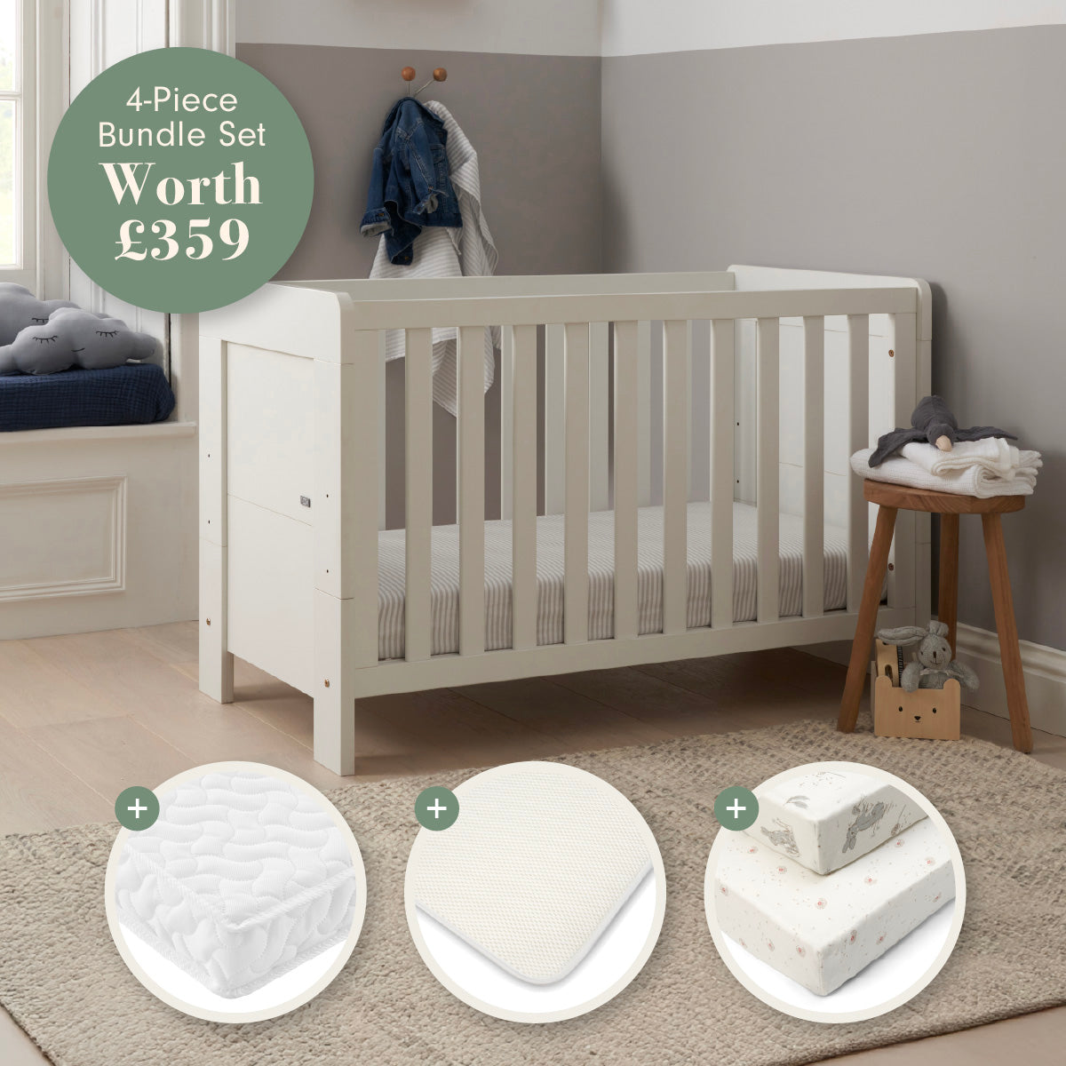 Supreme Alba Mini Cot Bed, Mattress &amp; Bedding Bundle