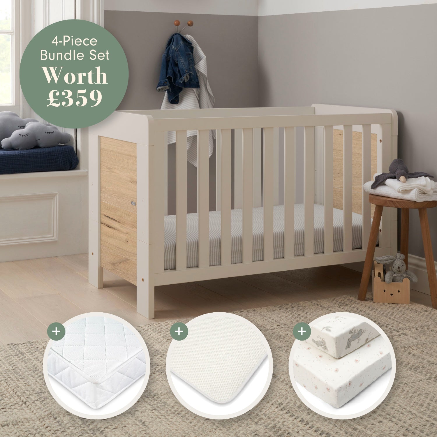 Supreme Alba Mini Cot Bed, Mattress &amp; Bedding Bundle