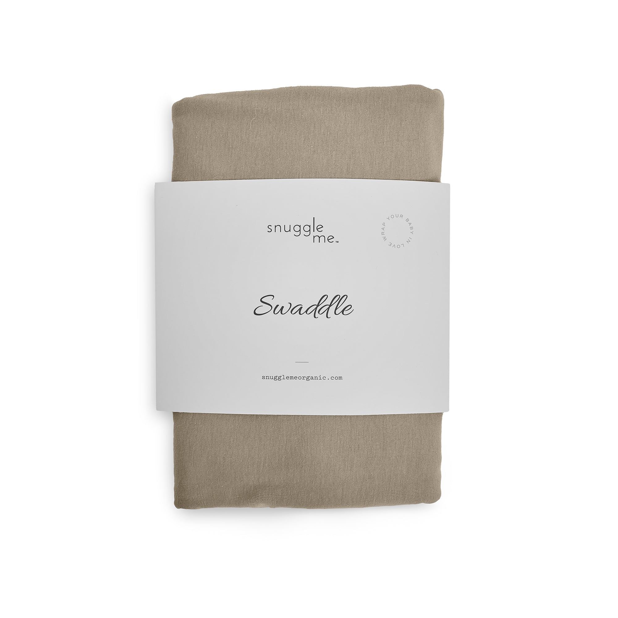Folded beige swaddle blanket with 'snuggle me' label on a white background