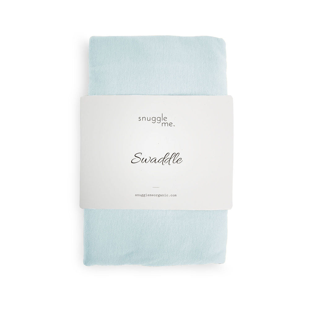 Light blue swaddle blanket with 'snuggle me' branding on a white background
