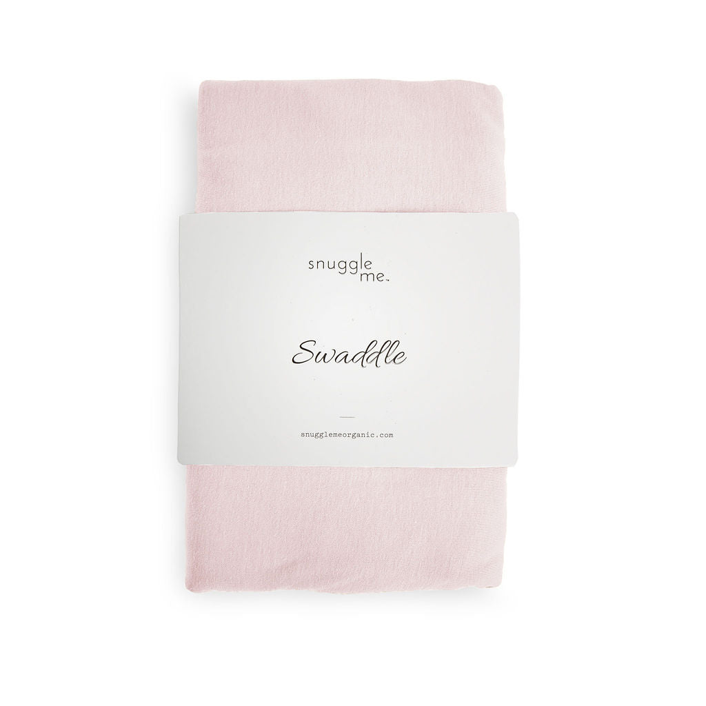 Pink swaddle blanket with 'snuggle me' branding on a white background