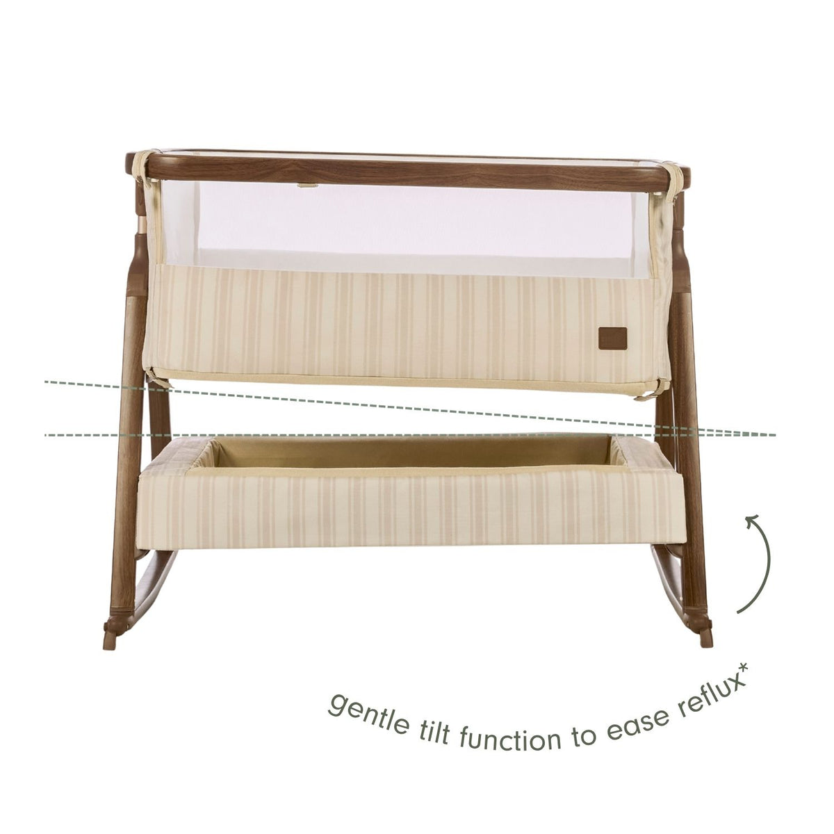An infographic of a baby bedside crib with cream striped fabric panels and a mesh upper screen, shown on a white background with overlaid text and arrows explaining the gentle tilt function to ease reflux.
