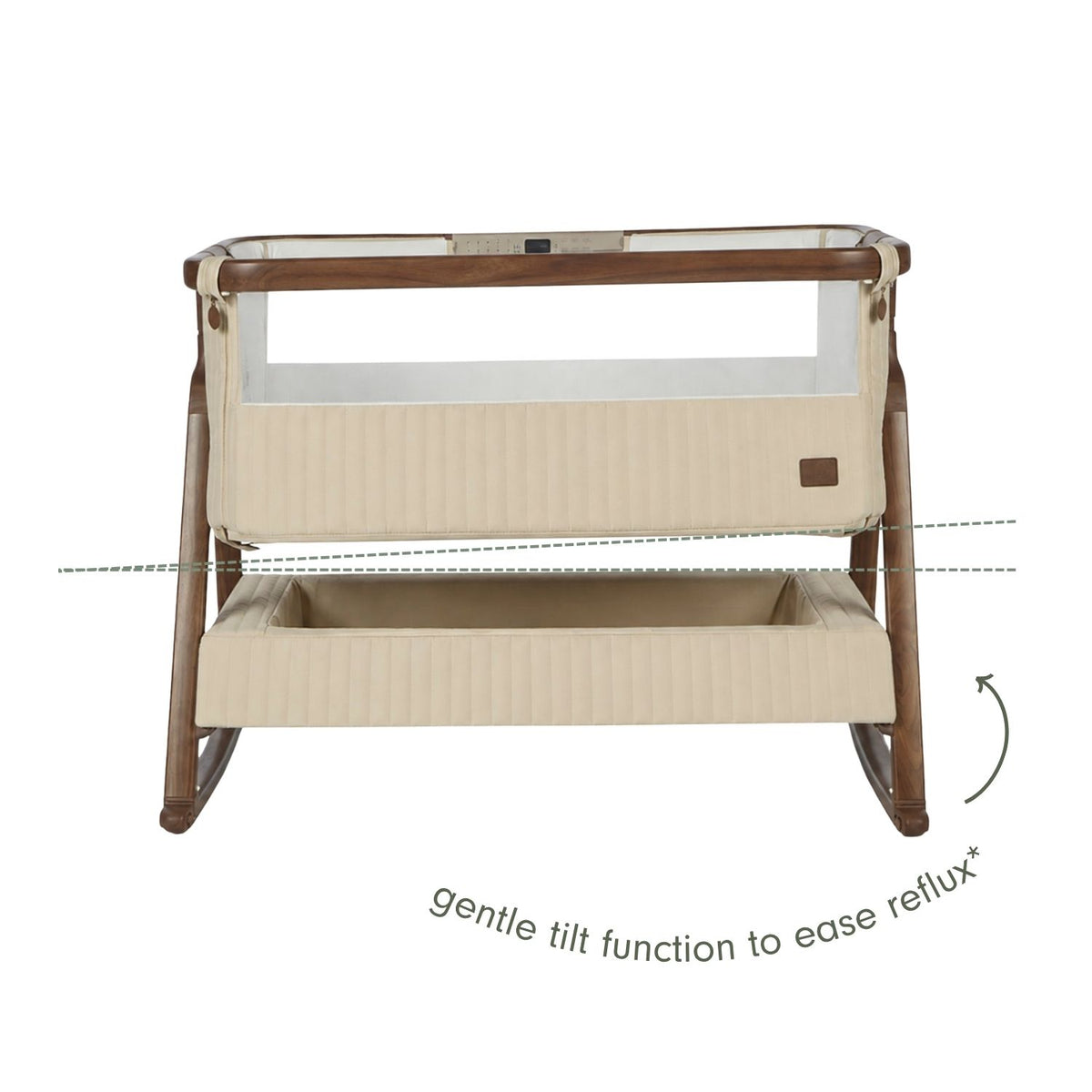 An infographic of a baby bedside crib with cream quilted fabric panels and a mesh upper screen, shown on a white background with overlaid text and arrows explaining the gentle tilt function to ease reflux.
