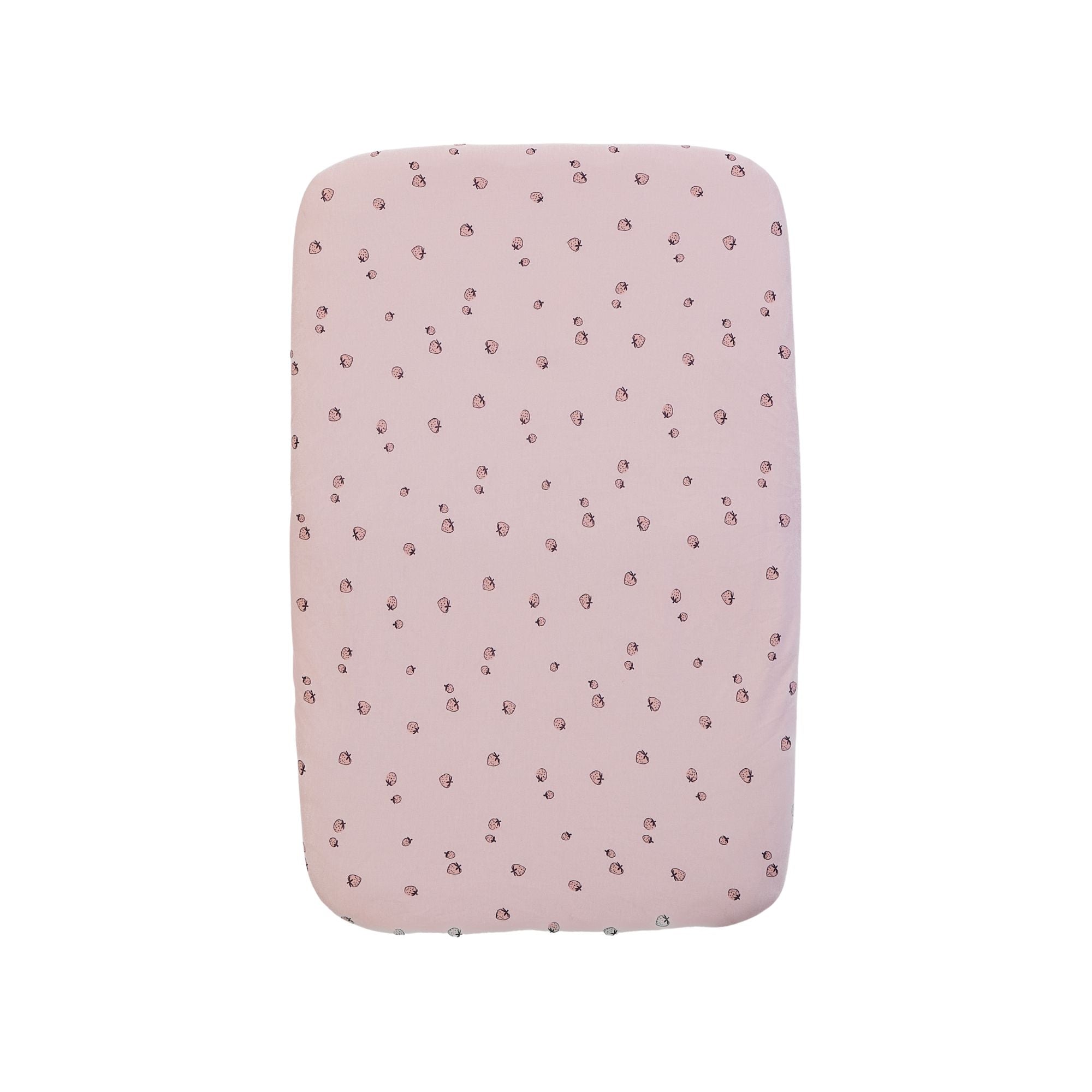 Tiny Tails strawberries-patterned pink bedside crib fitted sheets on a white background