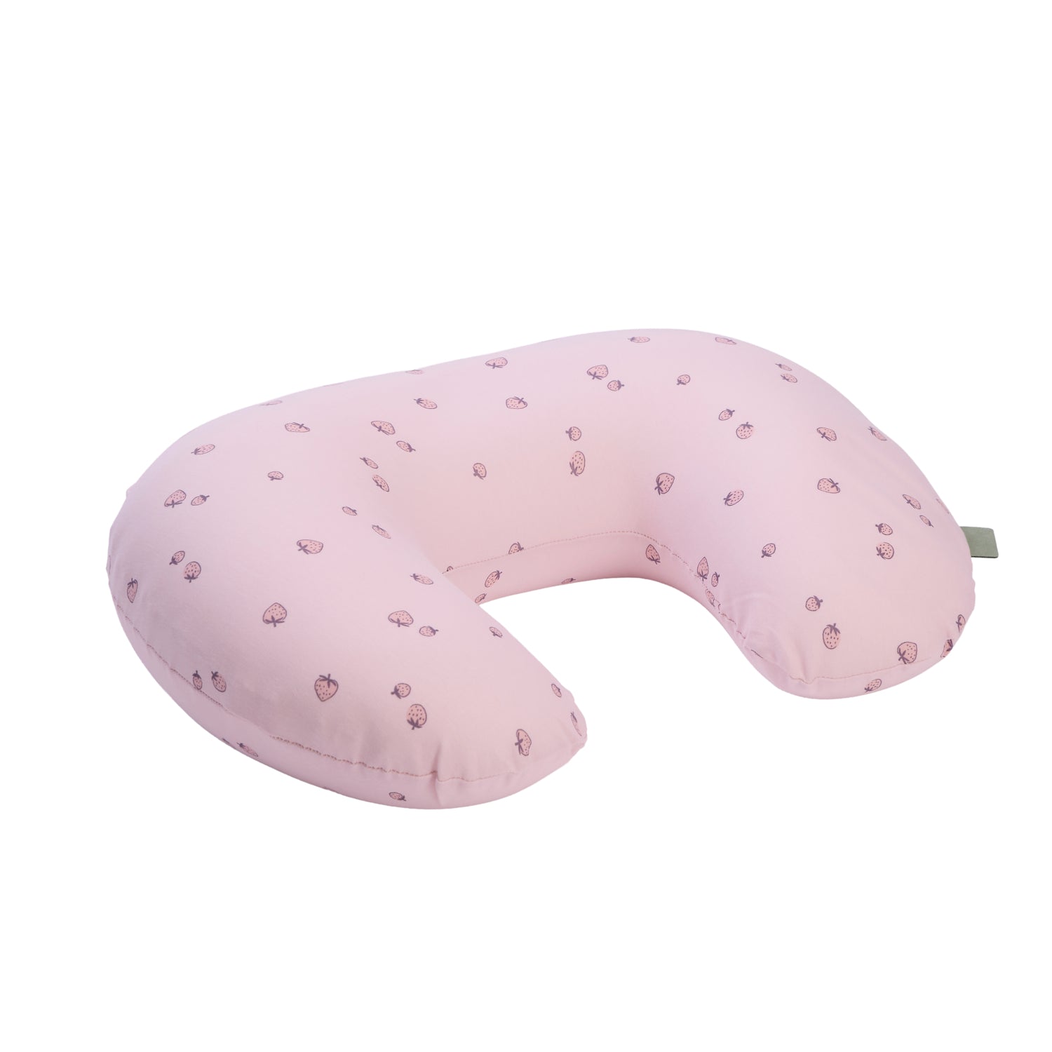 Pink C-shaped pillow with a small strawberry pattern on a white background