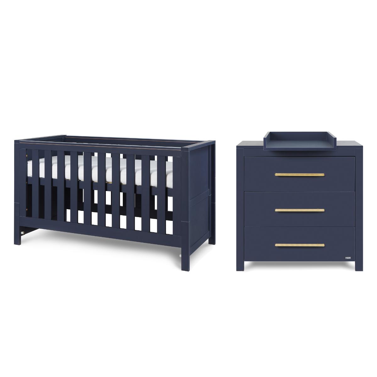 Cutout view of the Tivoli nursery set in navy, featuring the cot bed and chest changer with coordinated design and practical storage
