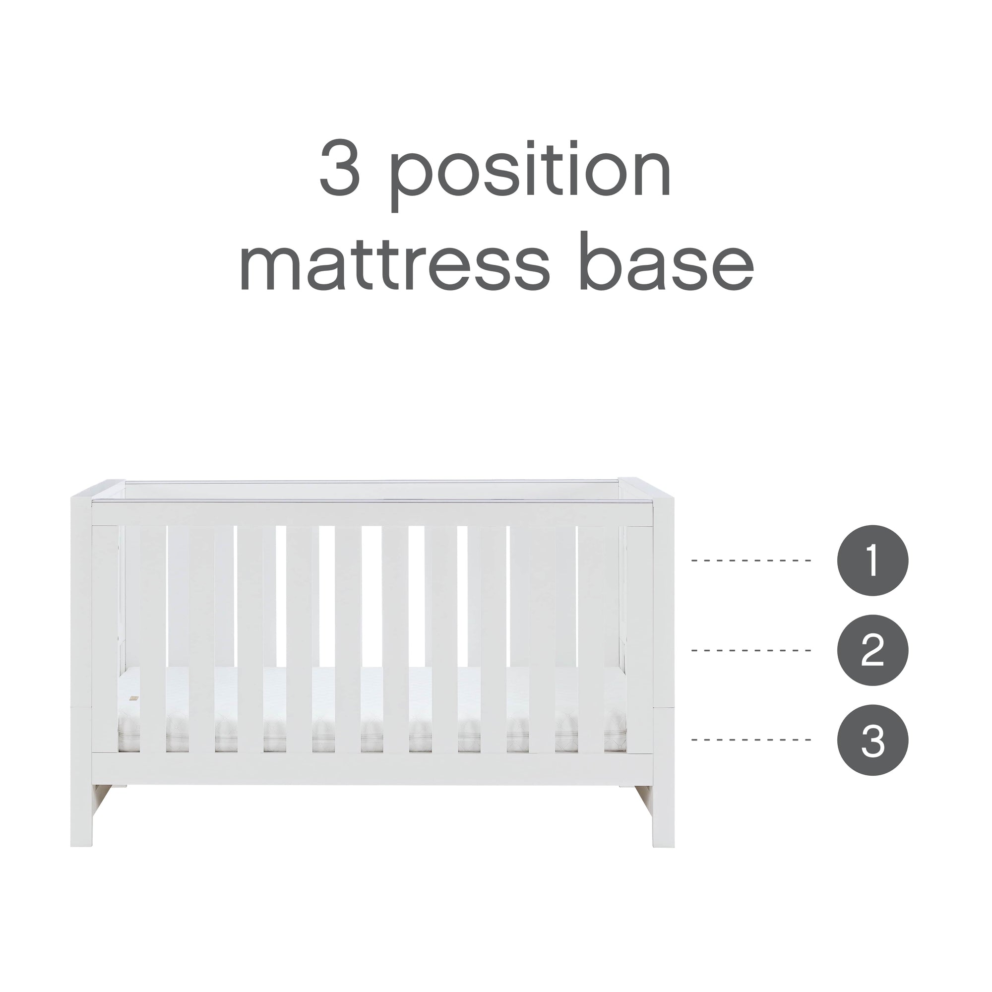 Front view of the Tivoli cot bed in white showing the three-position mattress base, designed to adjust as your baby grows