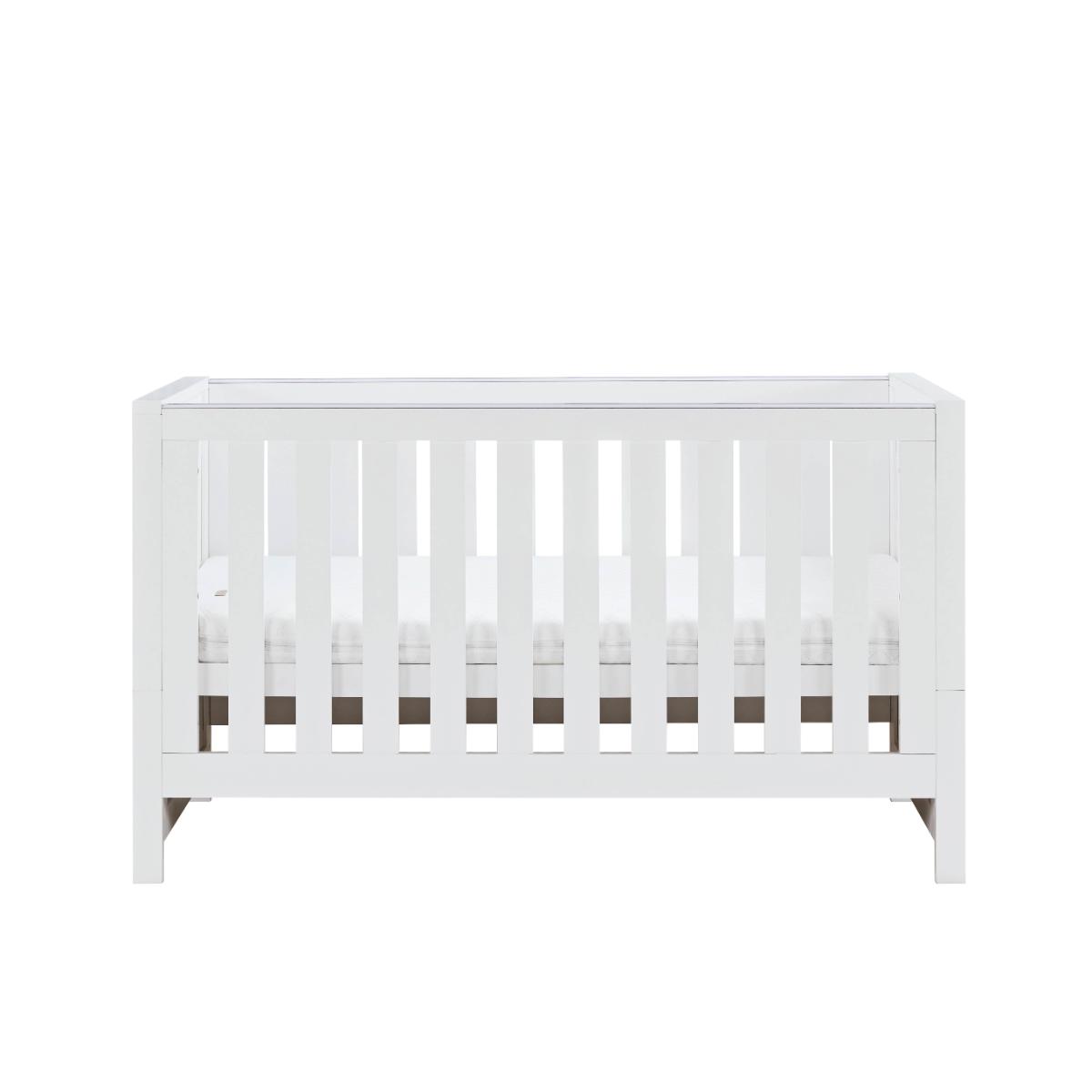 Front view of the Tivoli cot bed in white, featuring clean lines, sturdy slatted sides and a timeless, modern nursery design