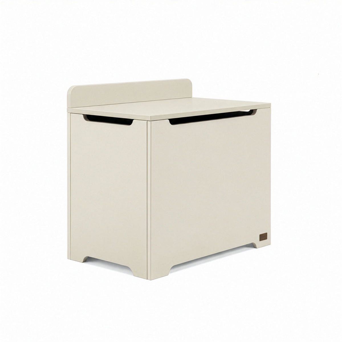 An angle view of the Origin toy box in cashmere designed with rounded edges and a gap-front opening to minimize pinch points and maximize child safety.