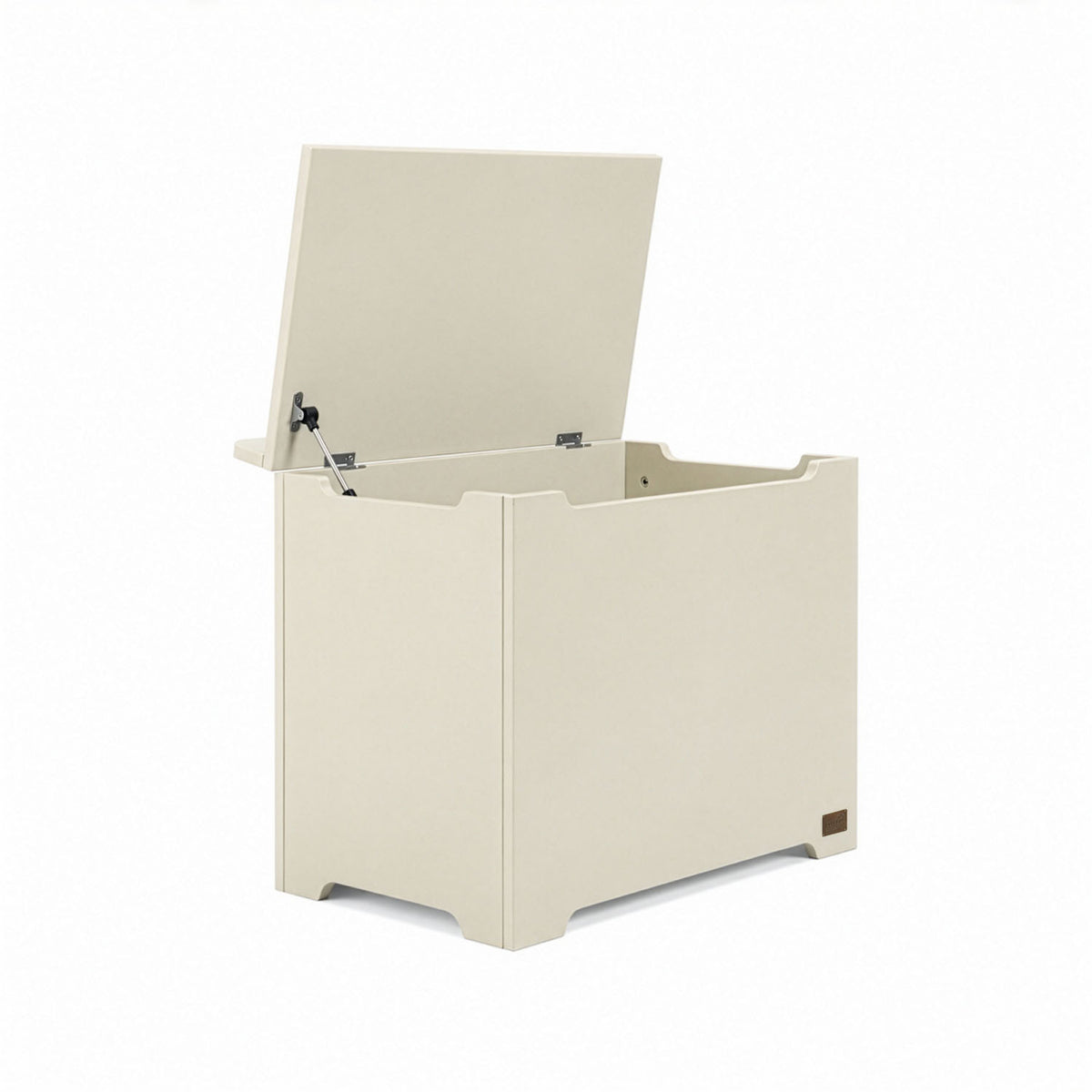 Open Origin toy box in cashmere designed with soft-close hinge for safe and smooth lid operation.