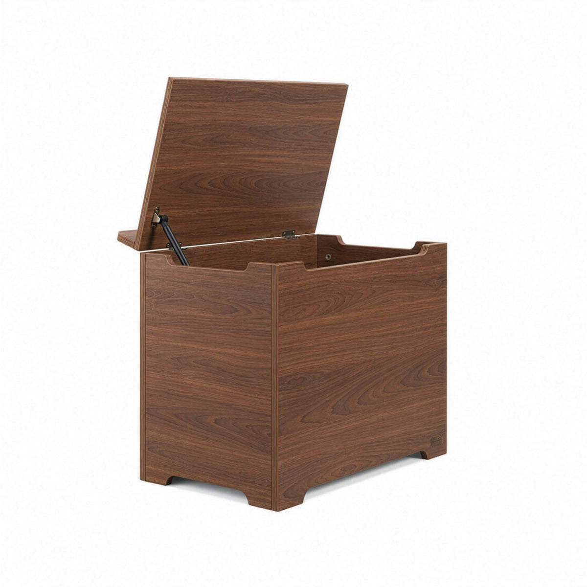 Open Origin toy box in walnut designed with soft-close hinge for safe and smooth lid operation.