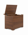 Open Origin toy box in walnut designed with soft-close hinge for safe and smooth lid operation.