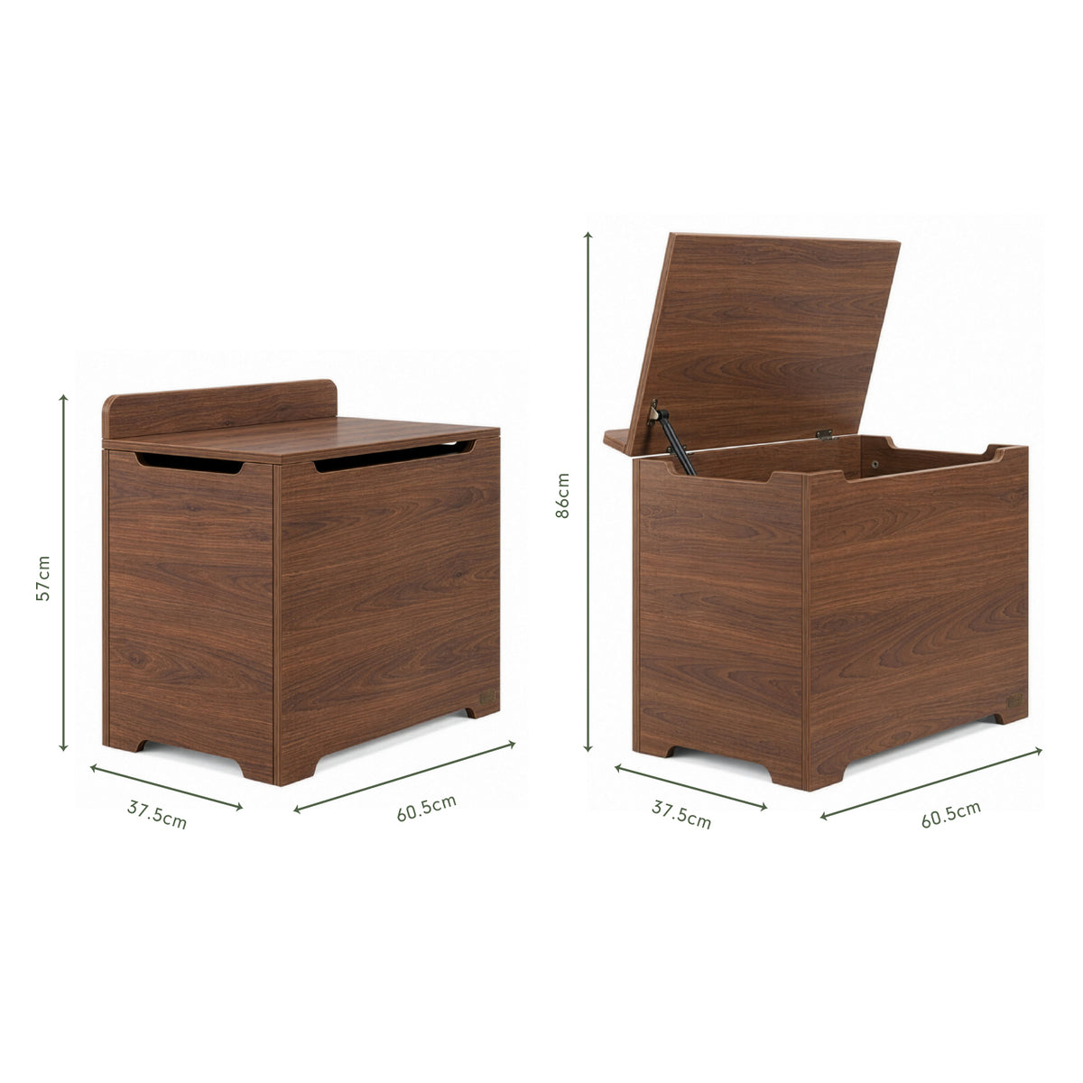 Dimensions of the Origin toy box in rich walnut.