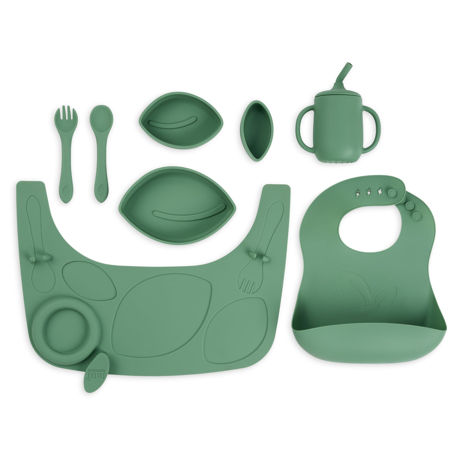 Green silicone baby set including bib, plate, cup, and utensils on a white background