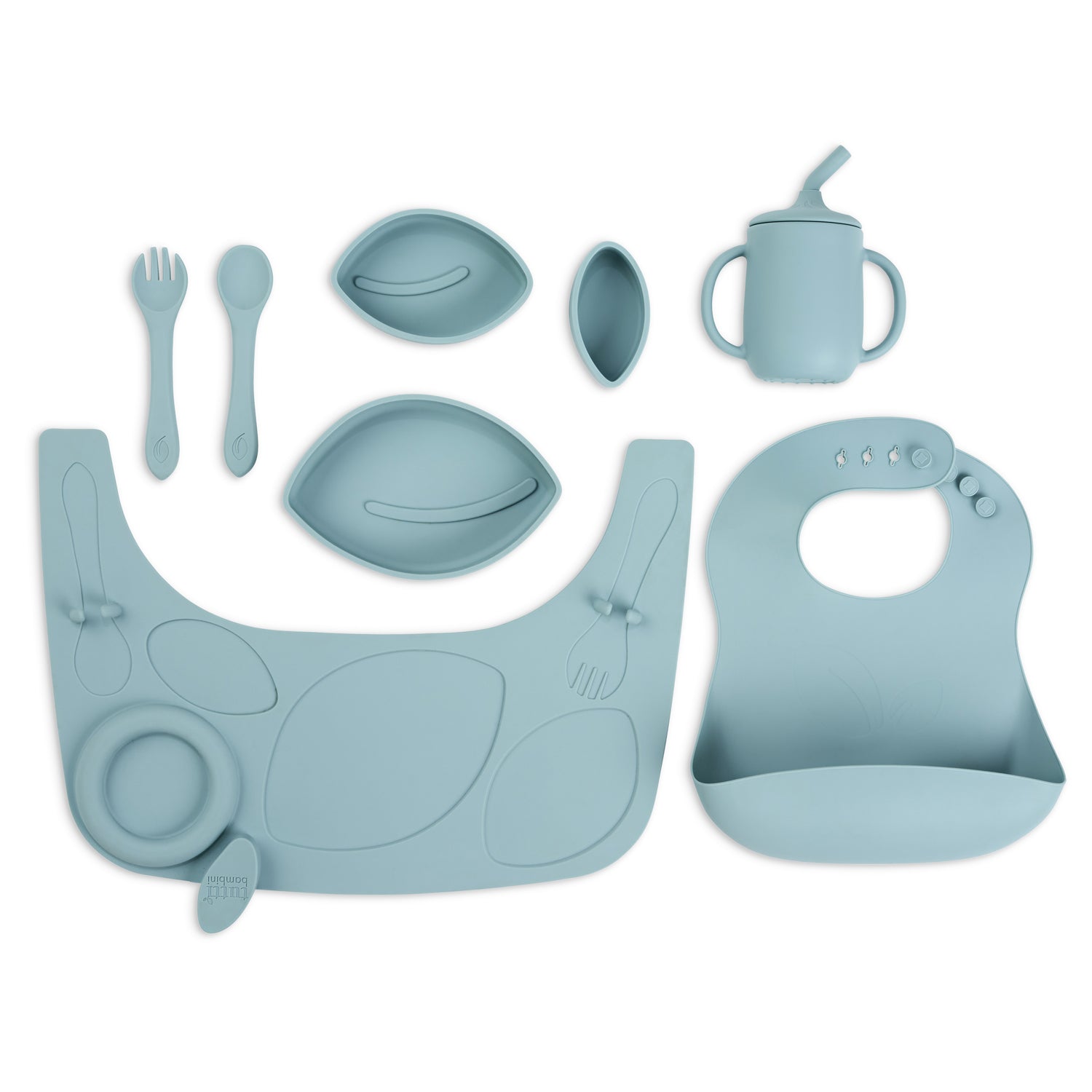 Blue silicone baby feeding set including bib, cup, spoon, and fork on a white background