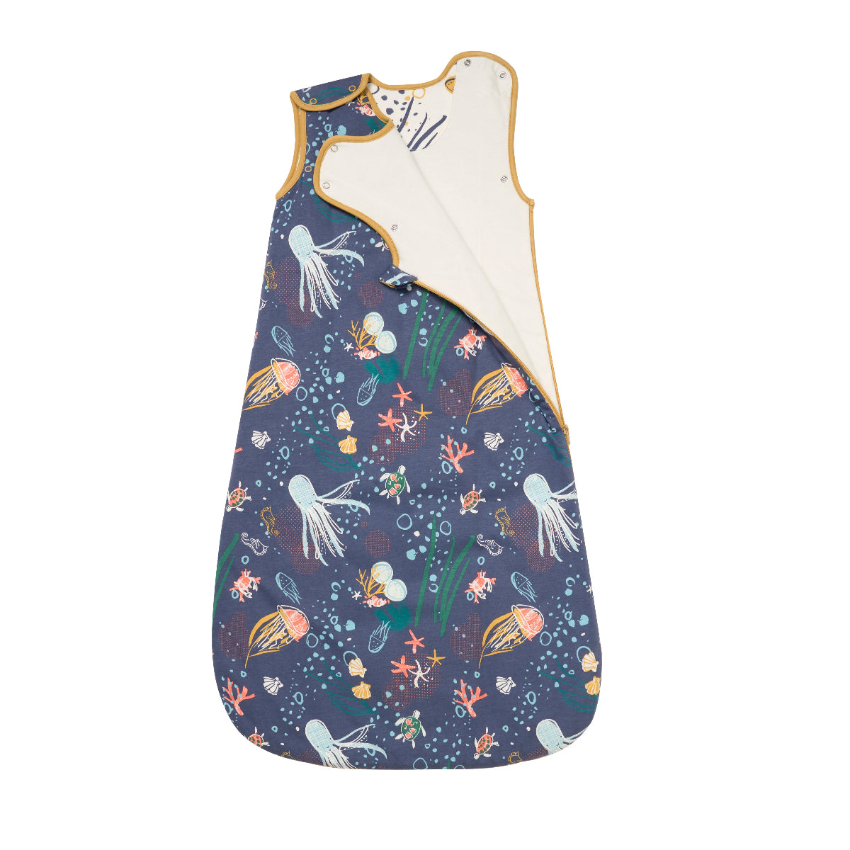Front cutout of the Baby Sleep Bag in Our Planet print, with colourful sea creatures on soft navy cotton and contrast edging.