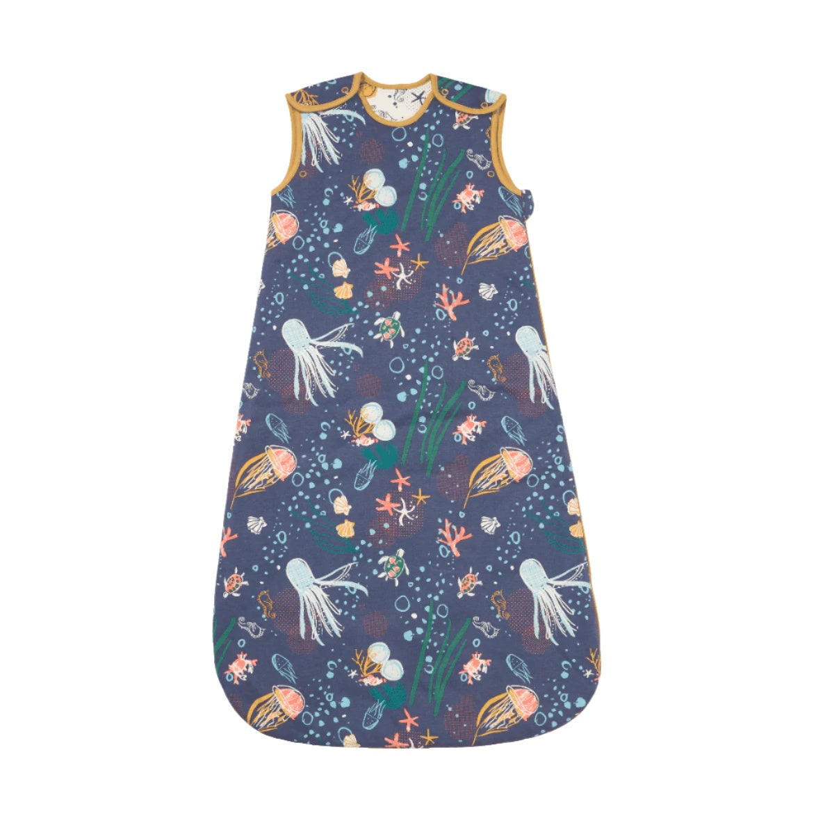 Front cutout view of the Our Planet baby sleep bag 0–6 months in navy with playful sea life print and mustard trim