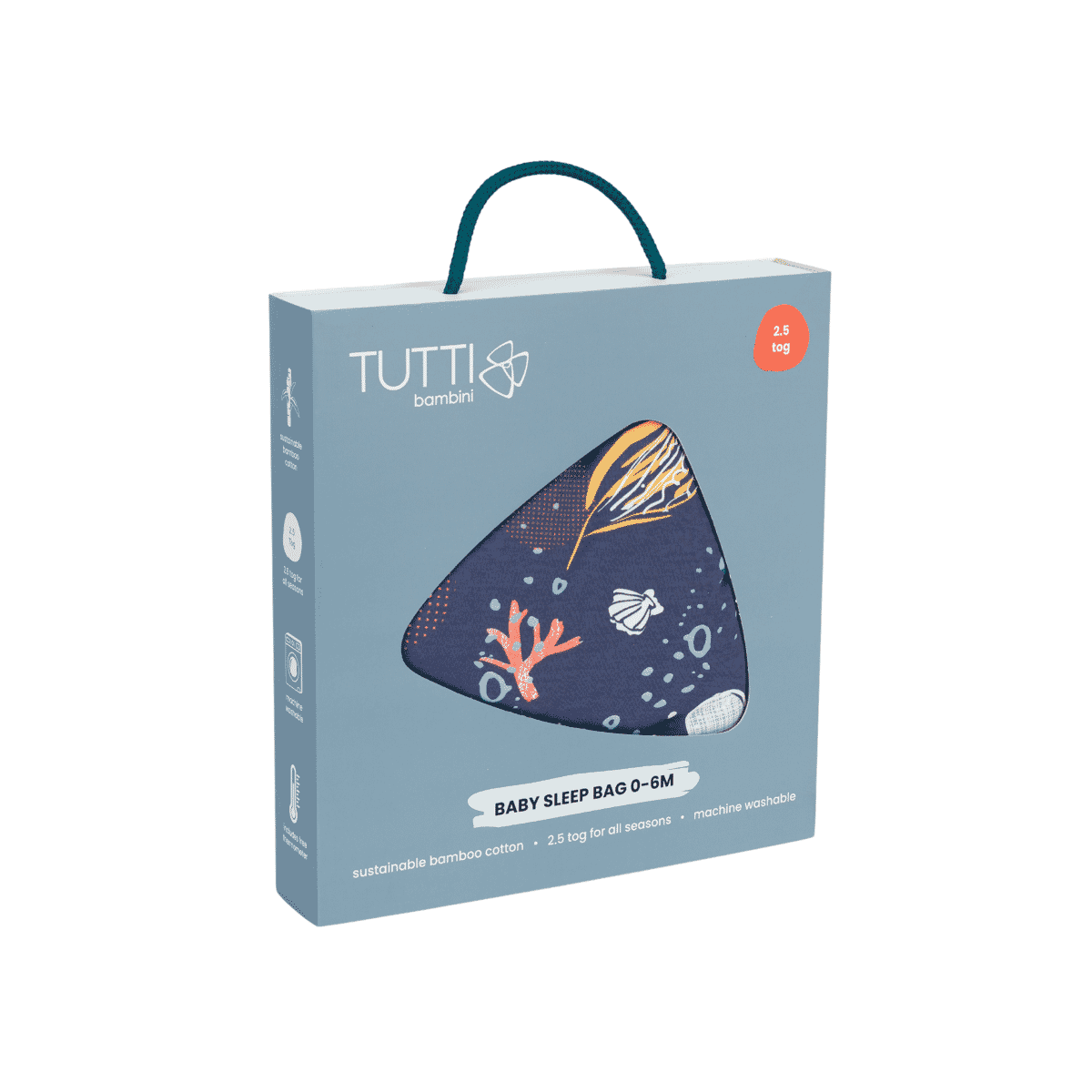 Packaged view of the Baby Sleep Bag 0–6 Months in Our Planet, showing undersea print and 2.5 tog label on eco-friendly box